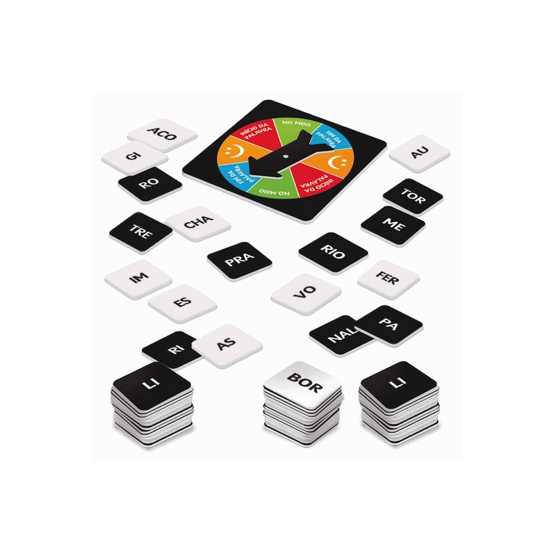 Jogo de tabuleiro com peças pretas e brancas de sílabas e um tabuleiro com ponteiro colorido.