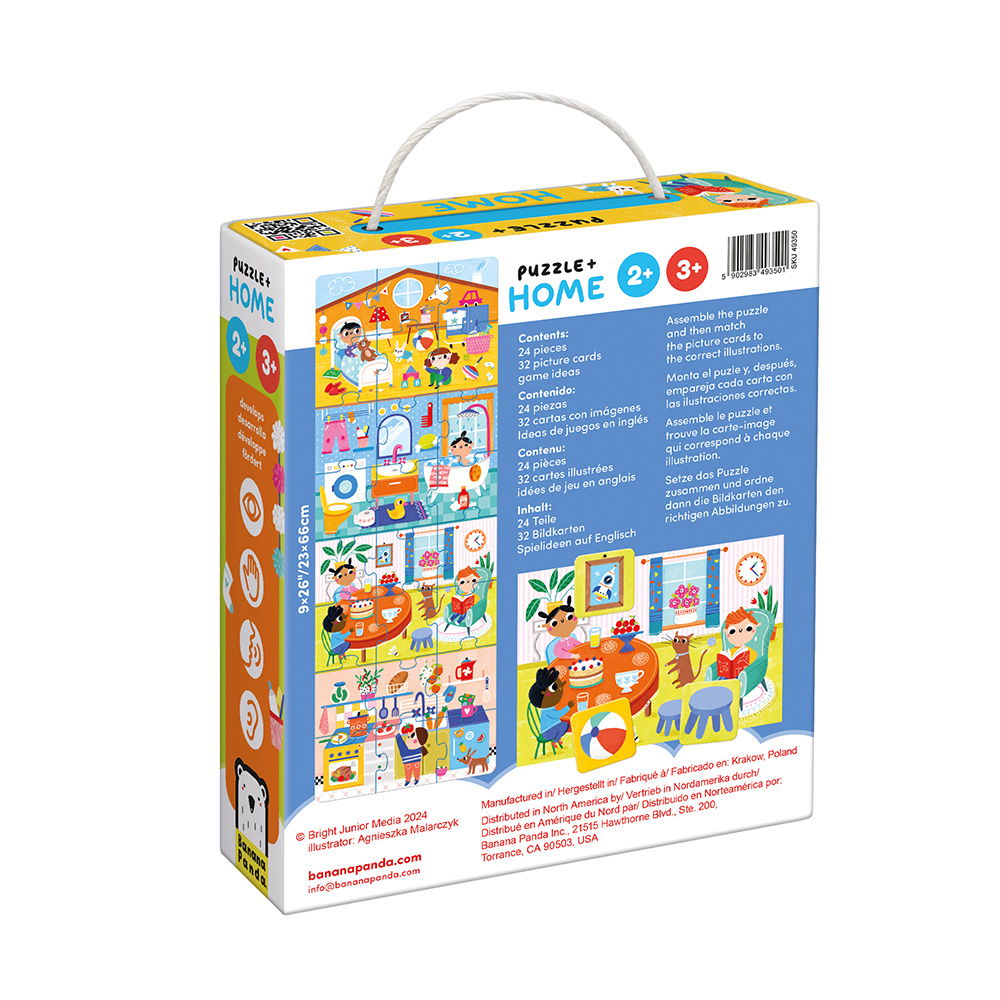 Embalagem colorida de quebra-cabeça infantil Puzzle Home 2+, com ilustrações de cenas familiares e texto em inglês