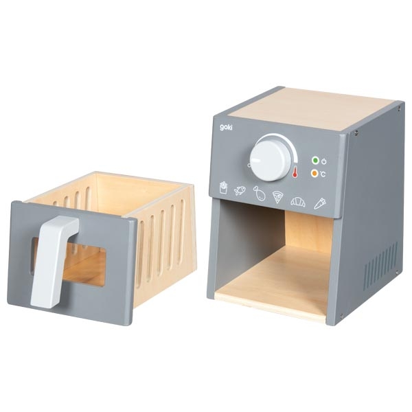 Forno de brincar em madeira cinzento e madeira clara com botão branco e bandeja destacável