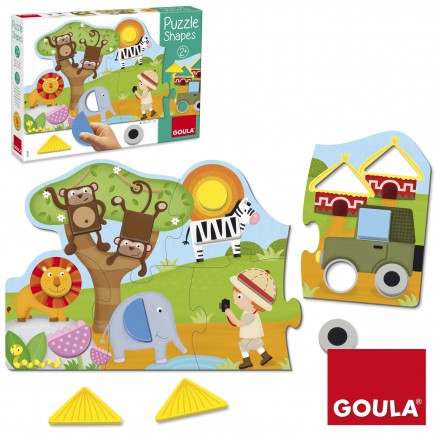Puzzle de madeira colorido com animais e explorador, marca GOULA