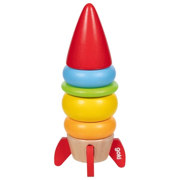 brinquedo de madeira colorido em forma de foguetão