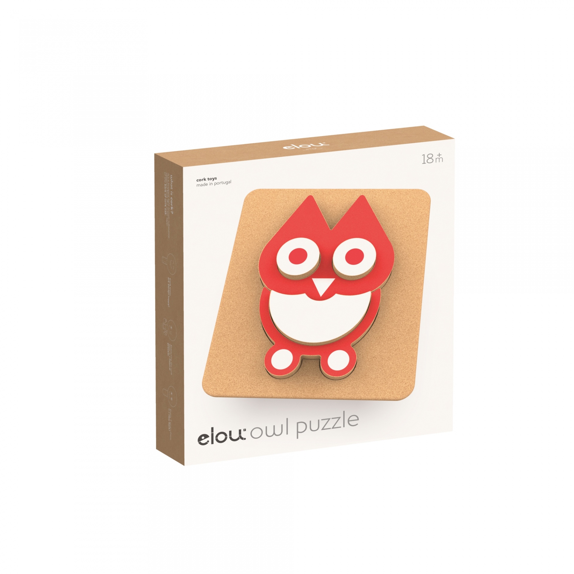 Quebra-cabeças de coruja vermelha e branca sobre base de cortiça em caixa branca e castanha