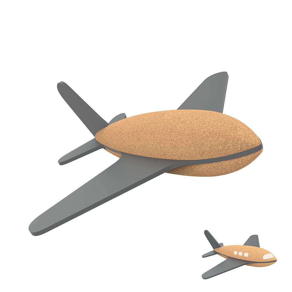 Modelo de avião em madeira cinzenta e cortiça em fundo branco