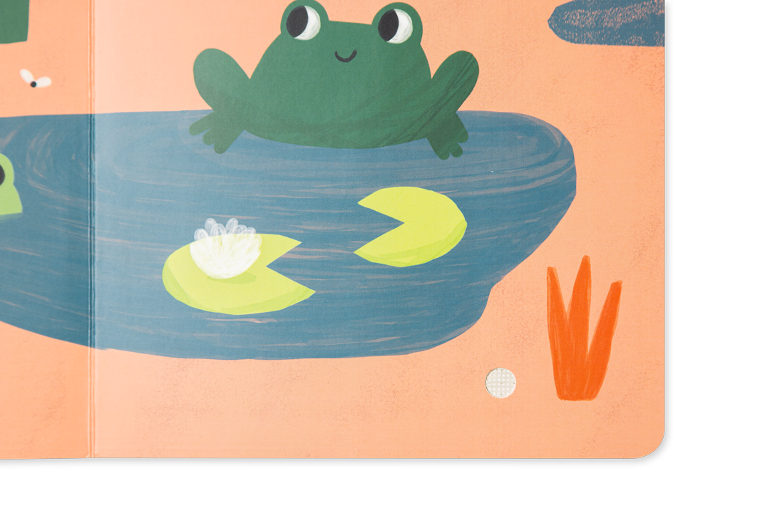 Ilustração de sapo verde numa poça de água azul com nenúfares amarelos em fundo laranja