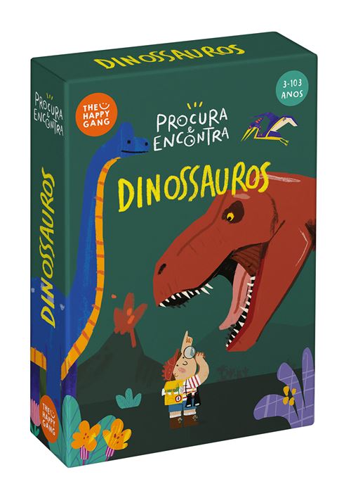 Caixa de jogo 'Procura e Encontra Dinossauros' com ilustração de dinossauros e criança.