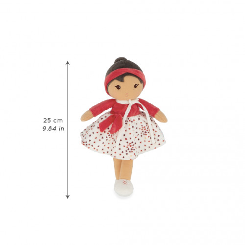Boneca de tecido 25 cm com casaco vermelho e saia de corações