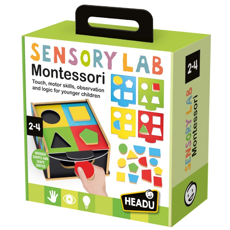 Brinquedo educativo Montessori Sensory Lab com peças geométricas coloridas de madeira para crianças 2-4 anos