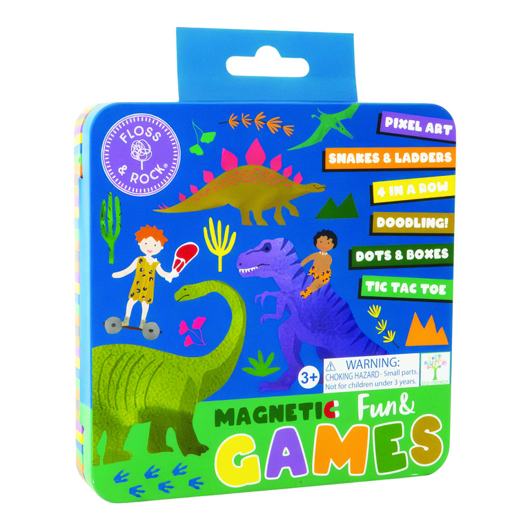 Embalagem colorida de jogos magnéticos com ilustrações de dinossauros e crianças