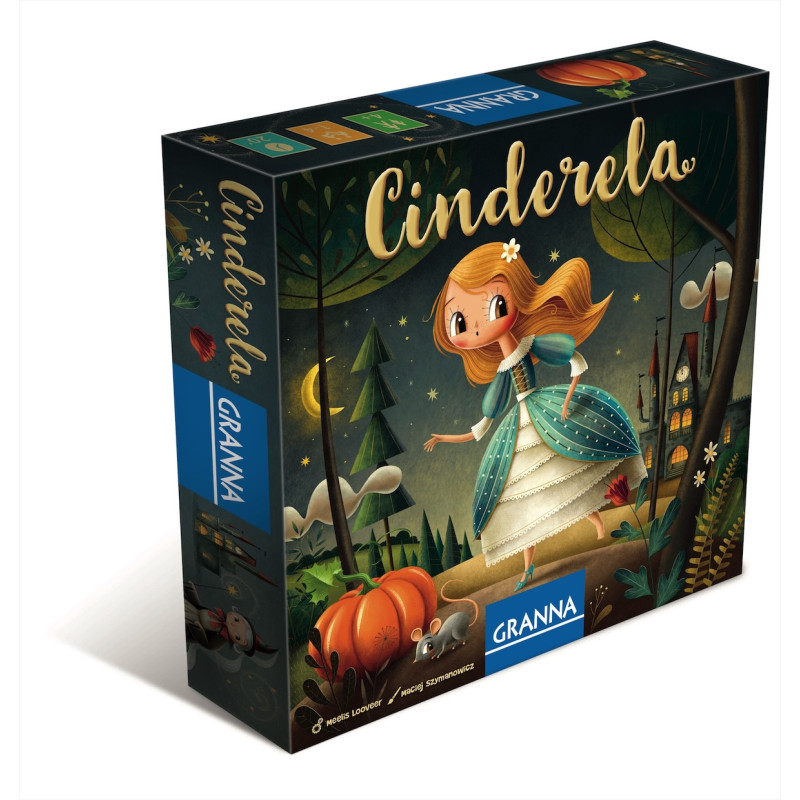 Caixa do jogo de tabuleiro Cinderella com ilustração colorida de personagem feminina, abóbora, rato, árvores e castelo