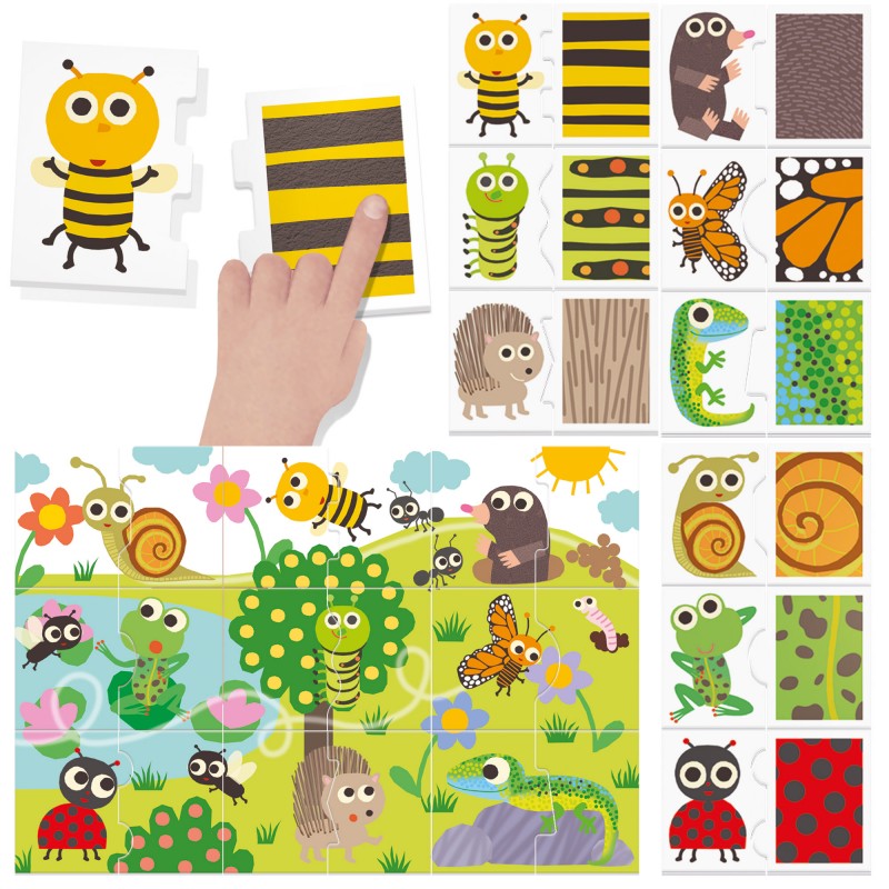 Jogo de puzzle educativo com peças ilustradas de diferentes animais e padrões da natureza, colorido e em fundo branco.