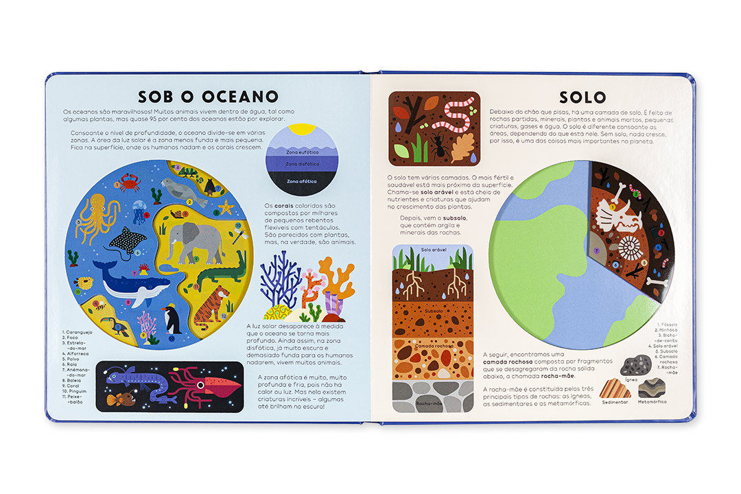 Página de livro ilustrado sobre oceanos e solo com texto em português