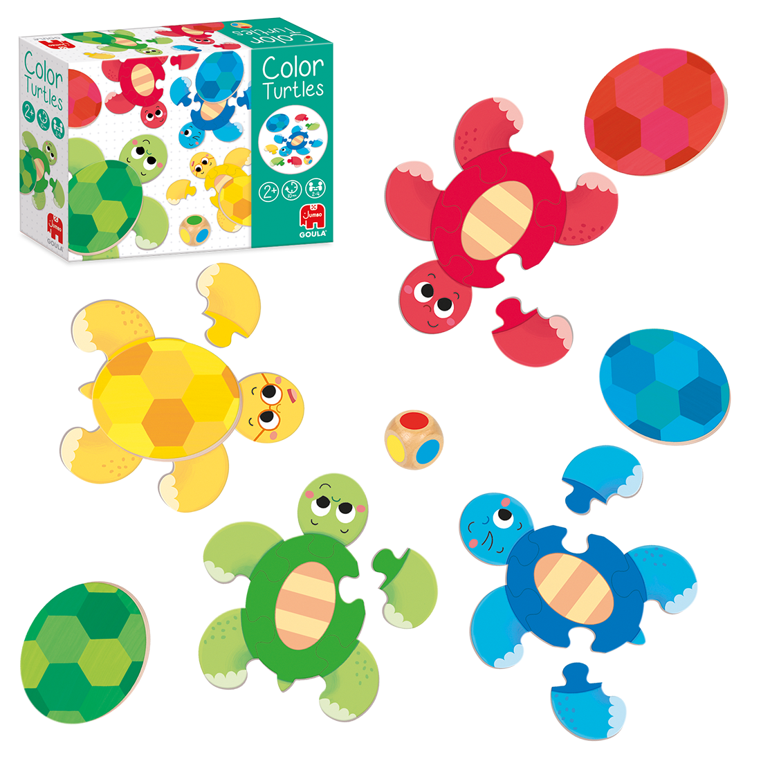 Jogo de puzzle Color Turtles com tartarugas coloridas e dado