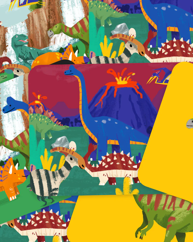 Ilustrações coloridas de dinossauros e vulcão em erupção em fundo abstrato