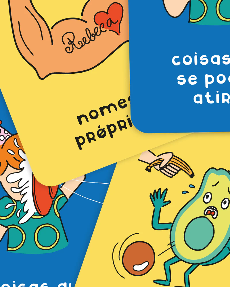 Ilustrações coloridas com texto em português e desenhos animados