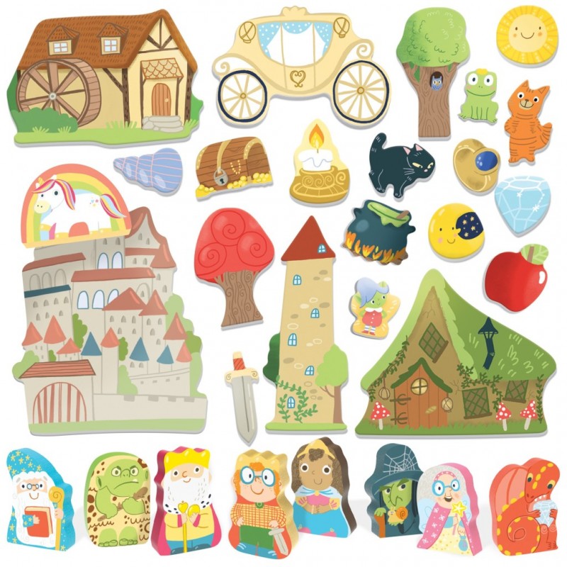 Autocolantes temáticos de contos de fadas com casas, personagens e objetos mágicos