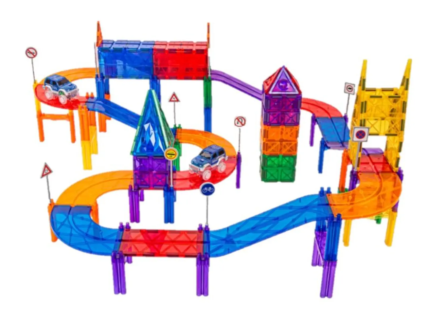 Conjunto de pistas de brinquedo coloridas com carros e sinais de trânsito