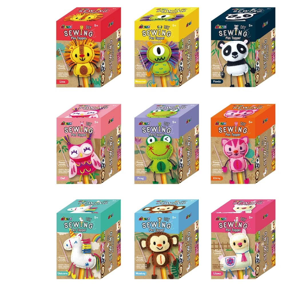 Caixas coloridas de kits de costura para fazer bonecos de animais de pano, com texto SEWING Fun Toy em destaque