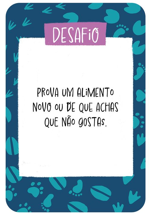 Cartão com texto em português e padrão de pegadas azuis