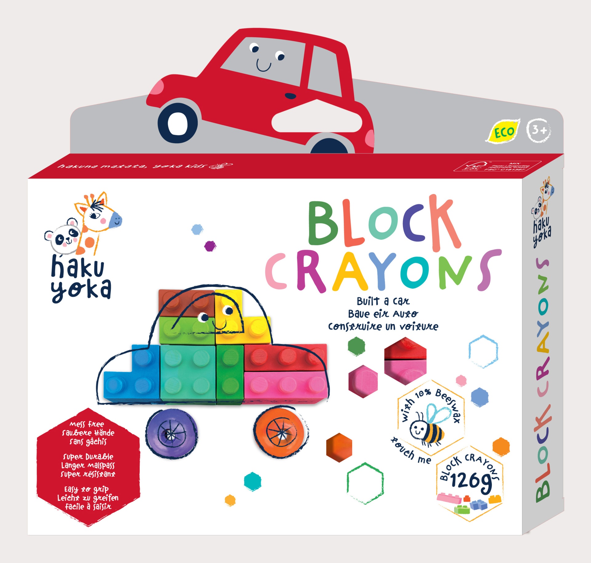 Caixa de lápis de cera com blocos coloridos para construir um carro, texto BLOCK CRAYONS e logotipo haku yoka