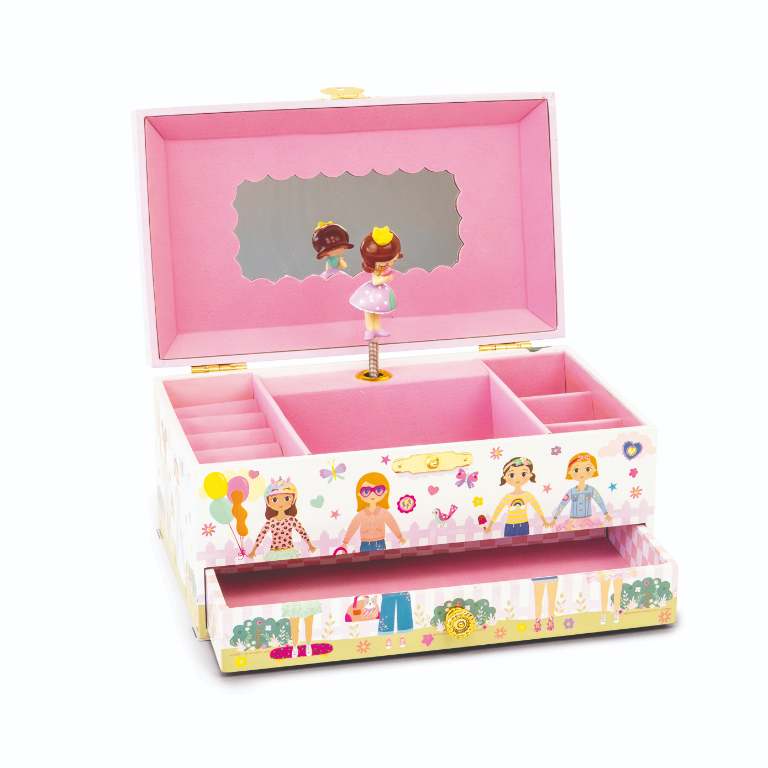 Caixa de música rosa com espelho e divisórias interiores