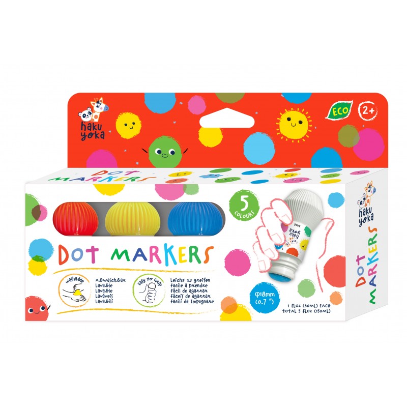 Conjunto de 5 marcadores de pontos coloridos com embalagem com desenhos de pontos e texto DOT MARKERS
