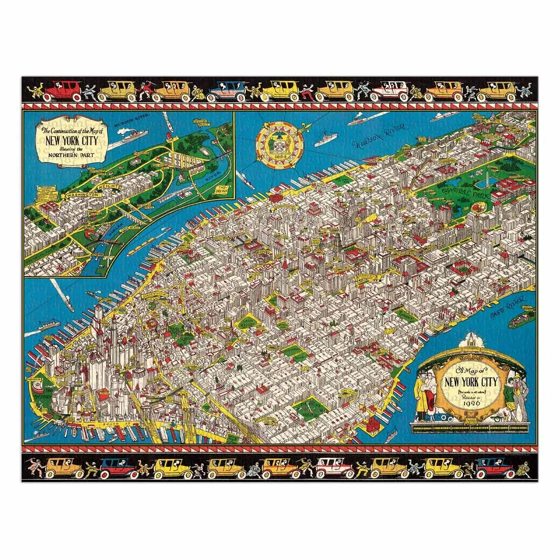 Mapa ilustrado colorido do centro de Nova Iorque com prédios em perspectiva e borda com carros antigos