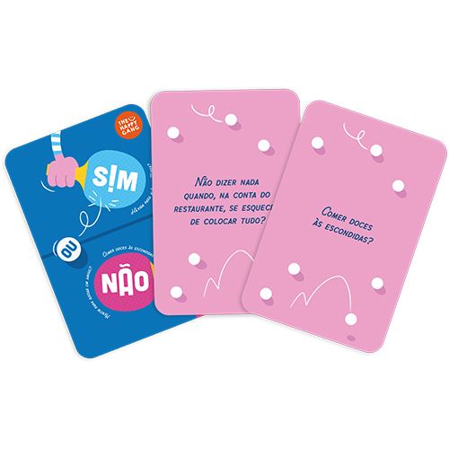 Cartas coloridas em azul e rosa com textos em português, usadas para jogo ou atividade social