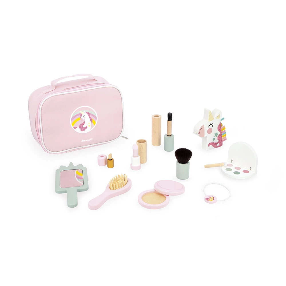 Conjunto de maquilhagem infantil em tons pastel com necessária rosa e acessórios diversos