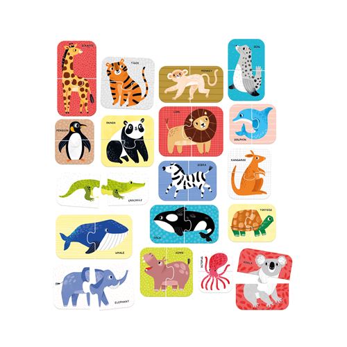 Peças de puzzle infantis com imagens de animais coloridos e nomes em letras maiúsculas
