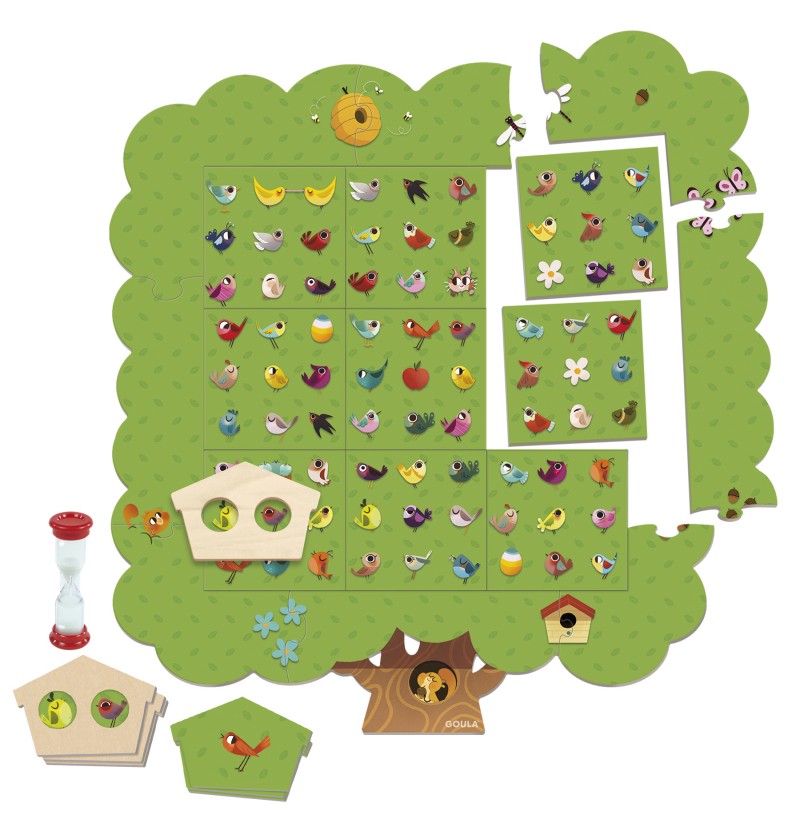 Jogo de tabuleiro com tema de pássaros e peças de madeira coloridas