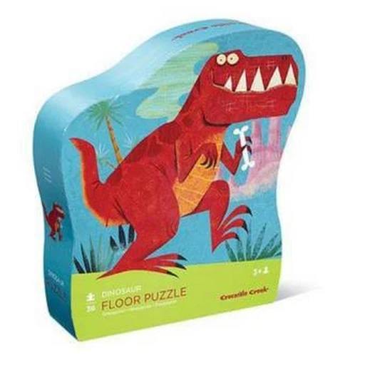 Caixa de quebra-cabeças de chão em forma de dinossauro vermelho com ossos, fundo azul e verde, texto DINOSAURE FLOOR PUZZLE