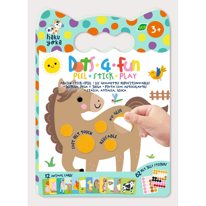 Embalagem de jogo Dots 4 Fun com cartas de animais e autocolantes de feltro coloridos.