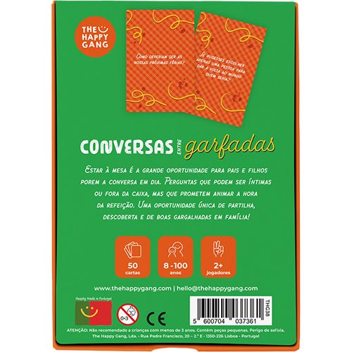 Embalagem verde do jogo Conversas com Garfadas da The Happy Gang com texto branco e laranja