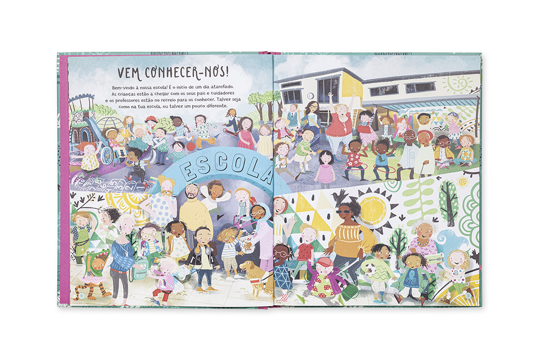 Páginas de livro infantil ilustrado com crianças e adultos numa escola e texto VEM CONHECER-NOS! e ESCOLA