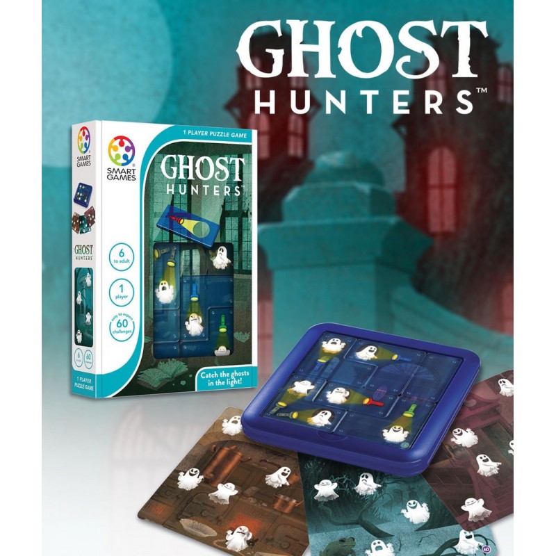 Jogo de puzzle Ghost Hunters com tabuleiro azul e cartas com fantasmas