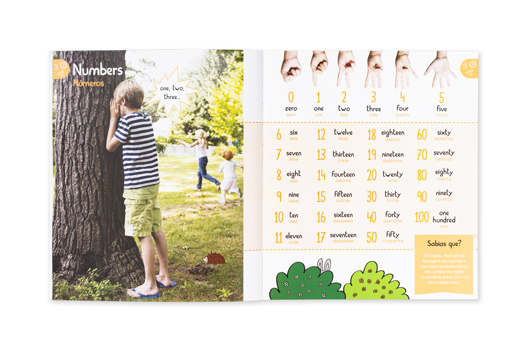 Página de livro infantil mostrando crianças a brincar e tabela de números em inglês e português com ilustrações