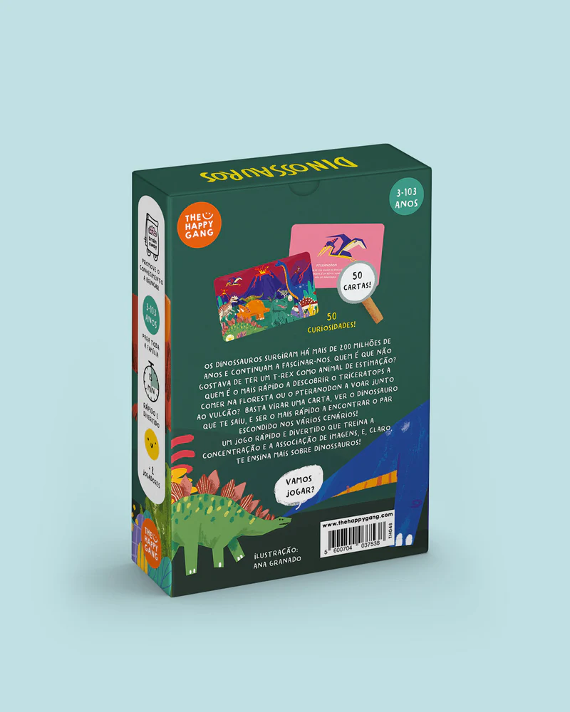 Embalagem de jogo educativo DINOSSAUROS com 50 cartas para idades 3 a 103 anos