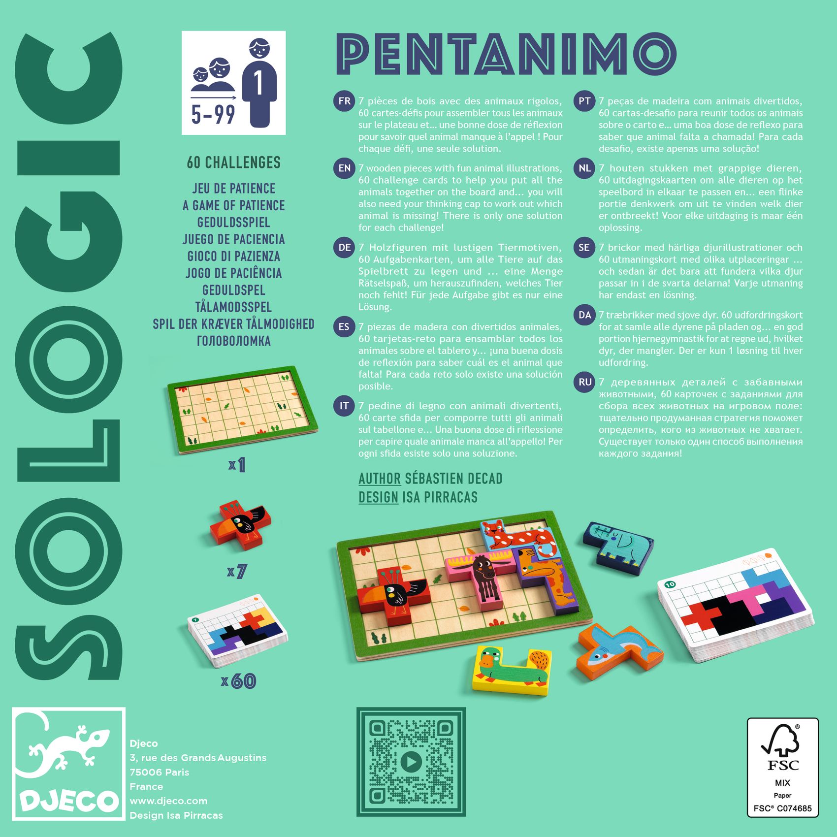 Verso da embalagem do jogo Pentanimo com peças coloridas de madeira, tabuleiro, cartas e descrições multilíngues.