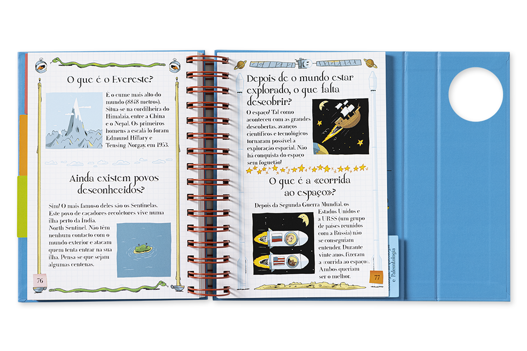 Livro infantil colorido aberto com texto em português e ilustrações de montanhas e foguetes