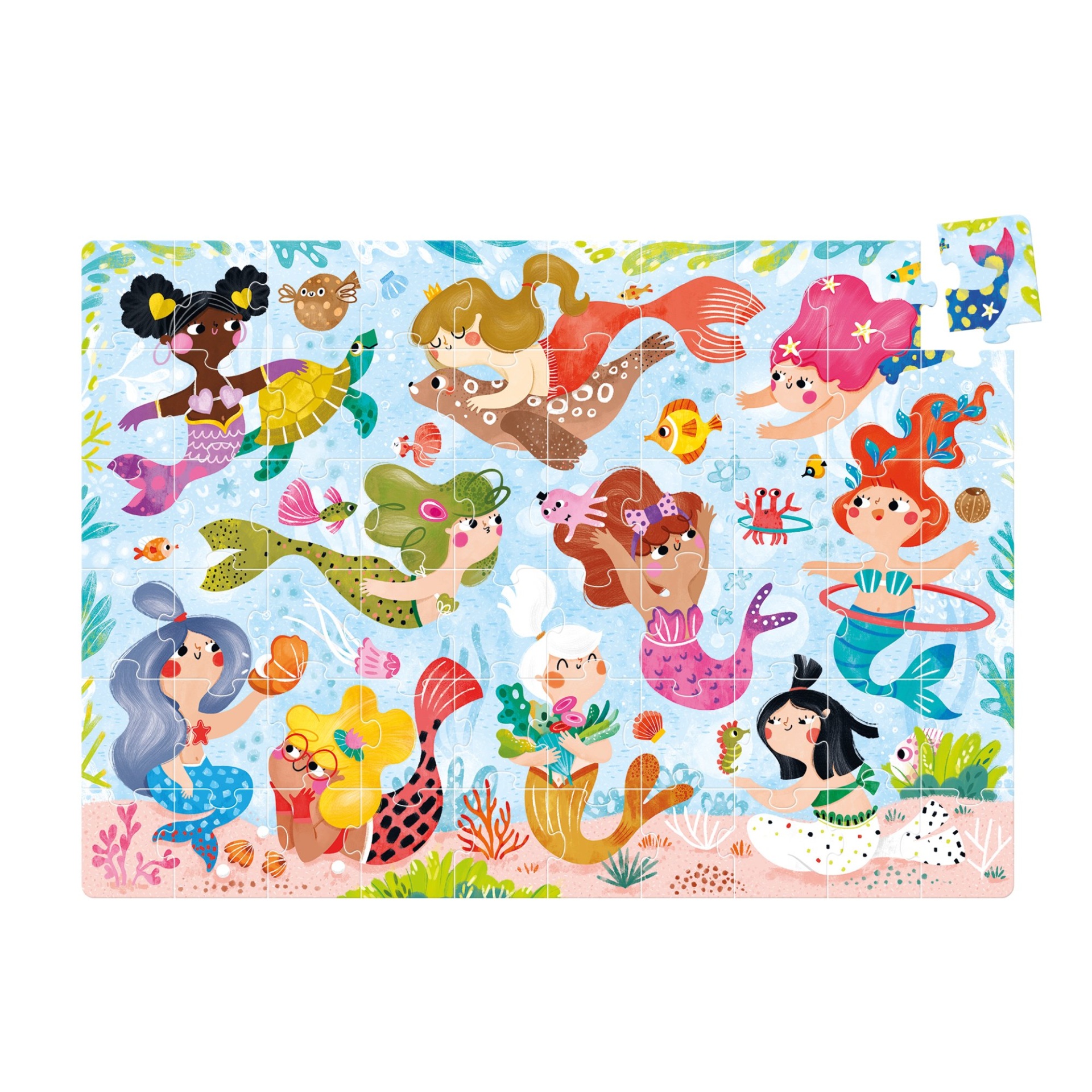 Puzzle colorido com sereias e animais marinhos em fundo azul e rosa.