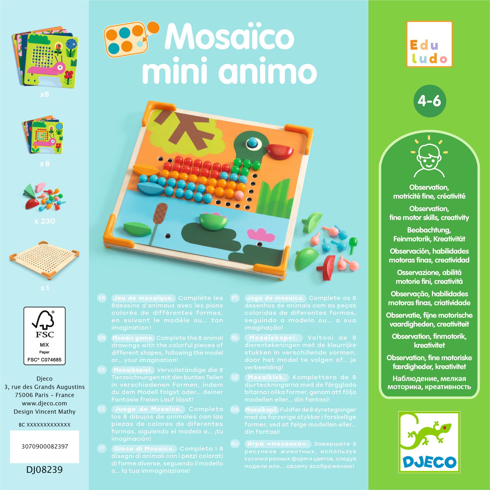Jogo de mosaico infantil colorido com tabuleiro e peças de madeira e plástico.