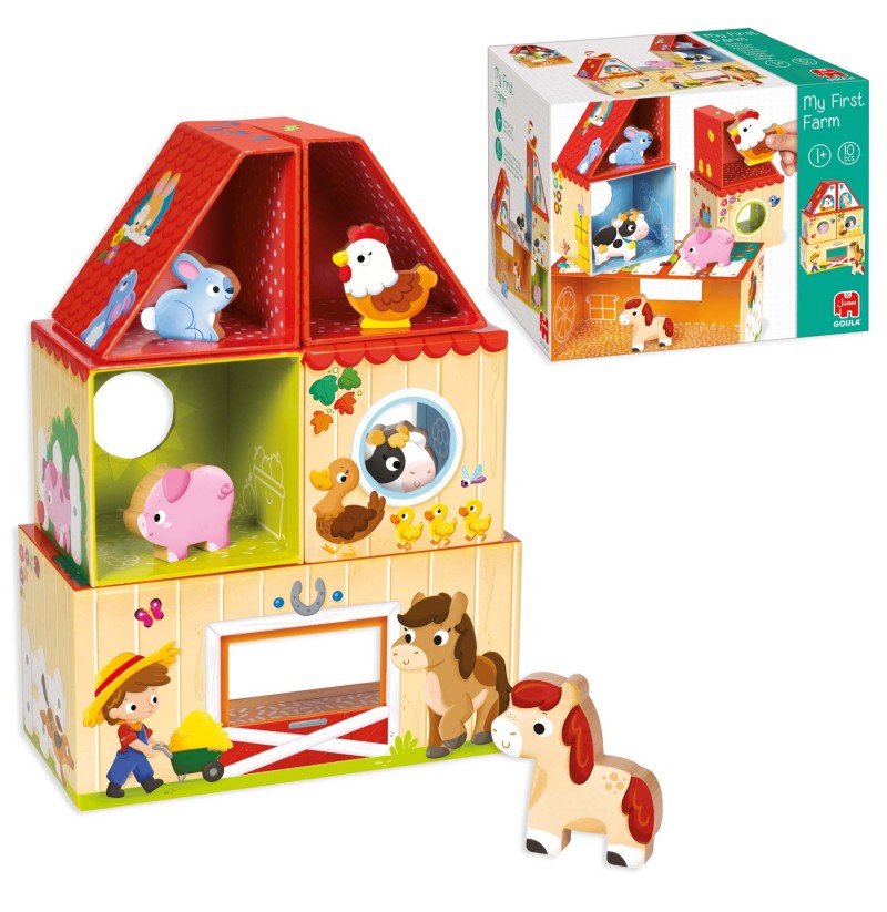 Brinquedo de fazenda infantil em madeira com figuras de animais coloridas