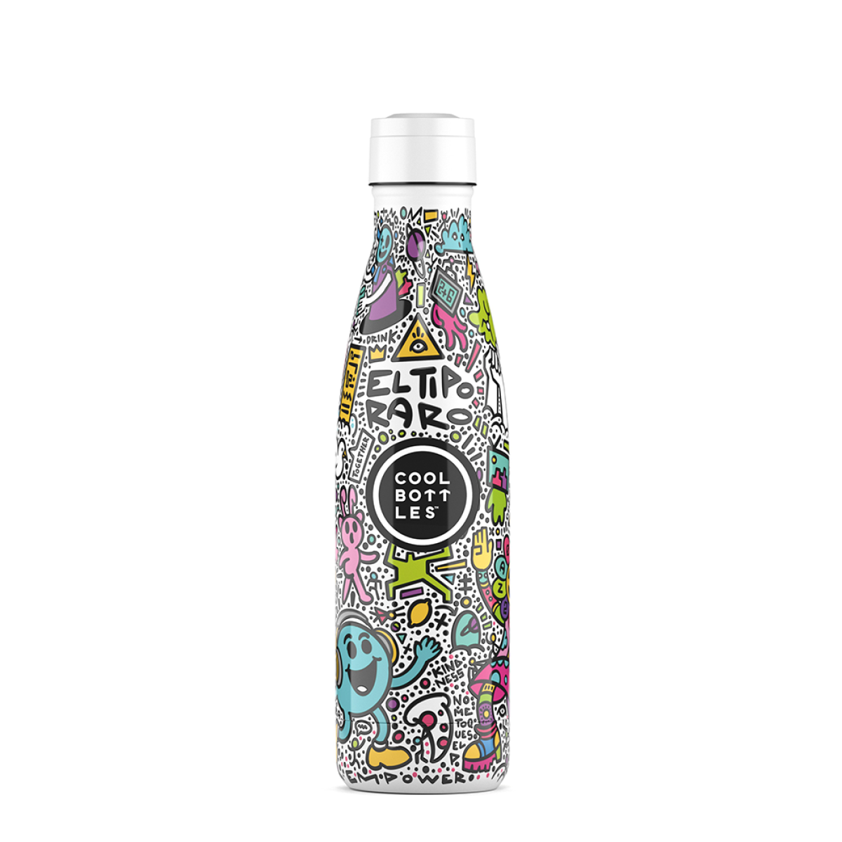 Garrafa metálica colorida com desenhos graffiti e texto EL TIPO RARO e COOL BOTTLES