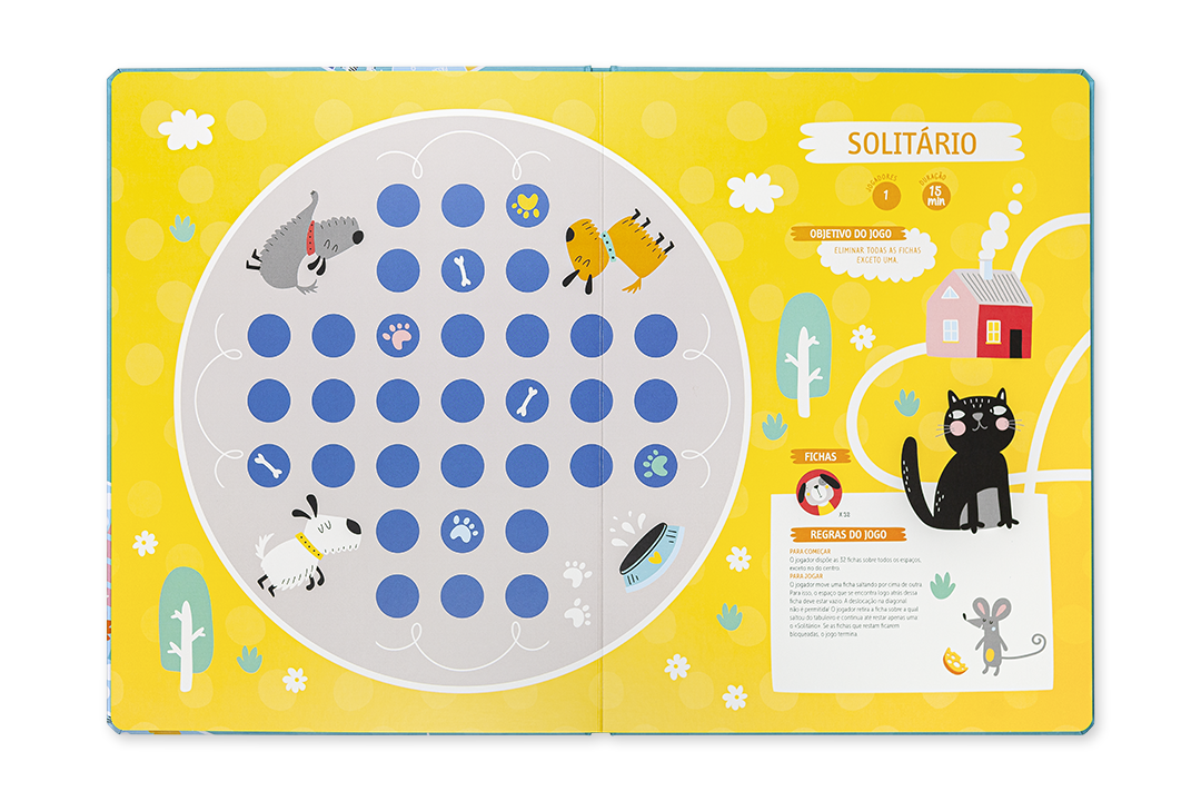 Página dupla de livro infantil com círculos azuis e ilustrações de animais e texto em português