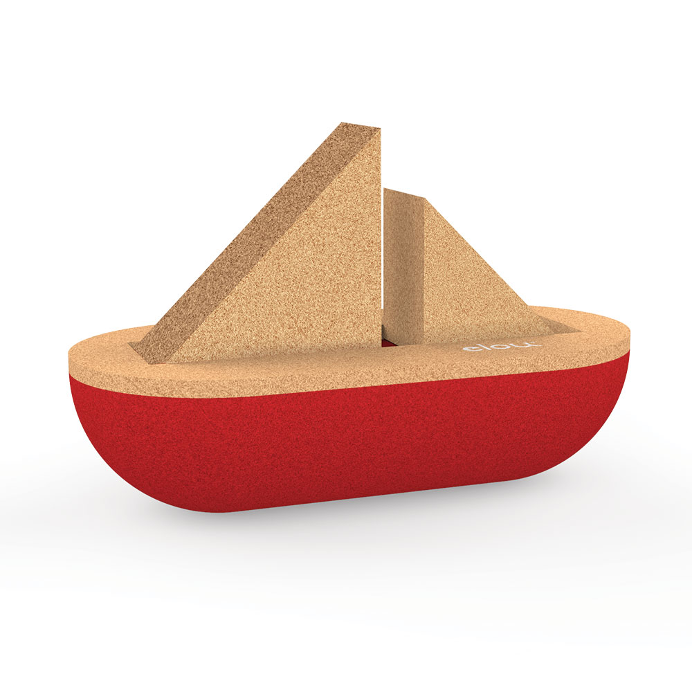 Barco decorativo vermelho e castanho em cortiça com fundo branco