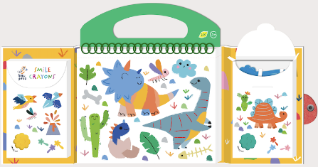 Cadernos de desenho com estampas de dinossauros coloridos em caixa de papel com alça verde