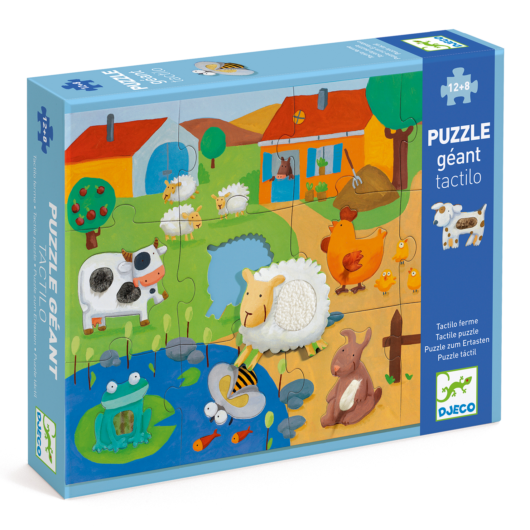Caixa de puzzle gigante tátil com ilustração de animais da quinta.