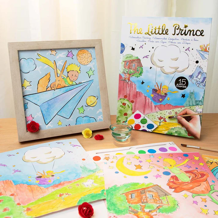 Kit de pintura aguarela The Little Prince com cenas para colorir, pincel e quadro em madeira.