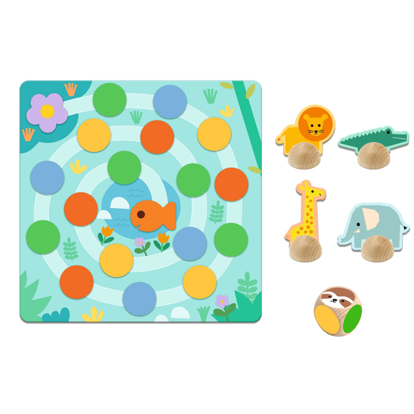 Jogo infantil em madeira com tabuleiro colorido e peças de animais