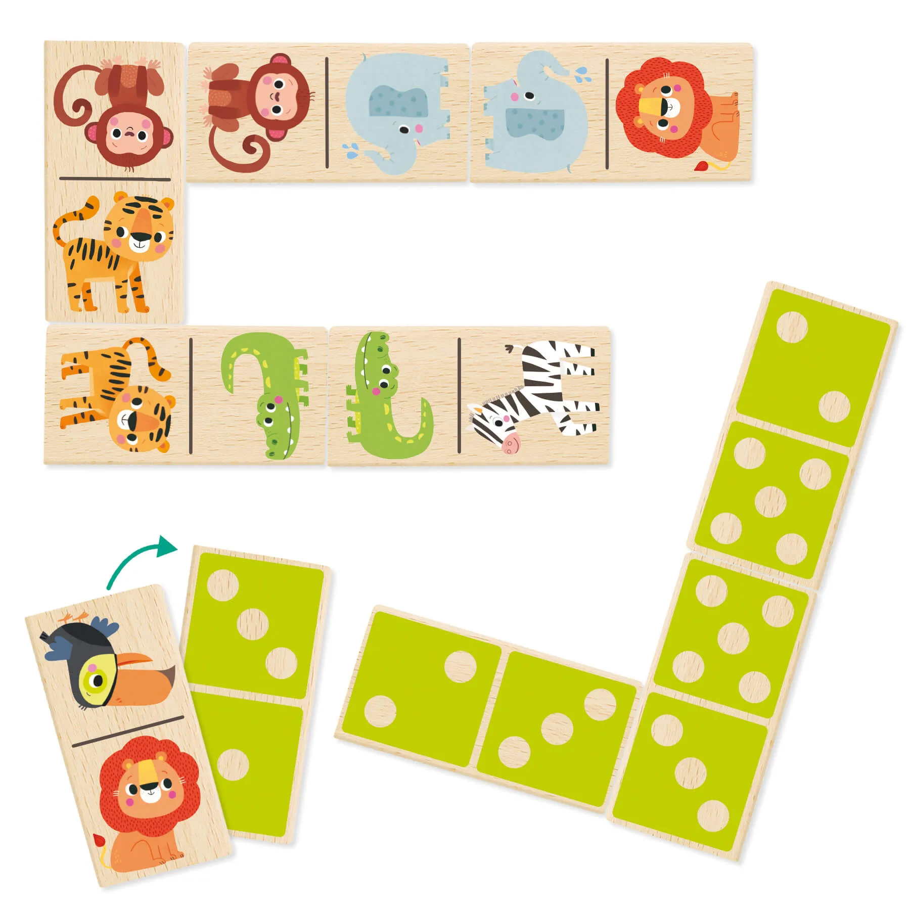 peças de dominó de madeira com desenhos de animais e pontos verdes